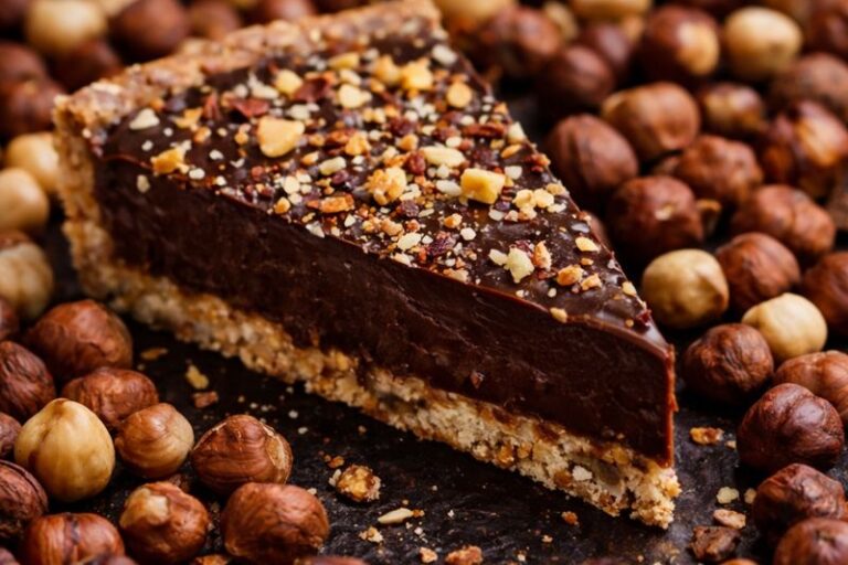 Uma fatia de torta de chocolate de avelã vegana, em volts várias avelãs torradas