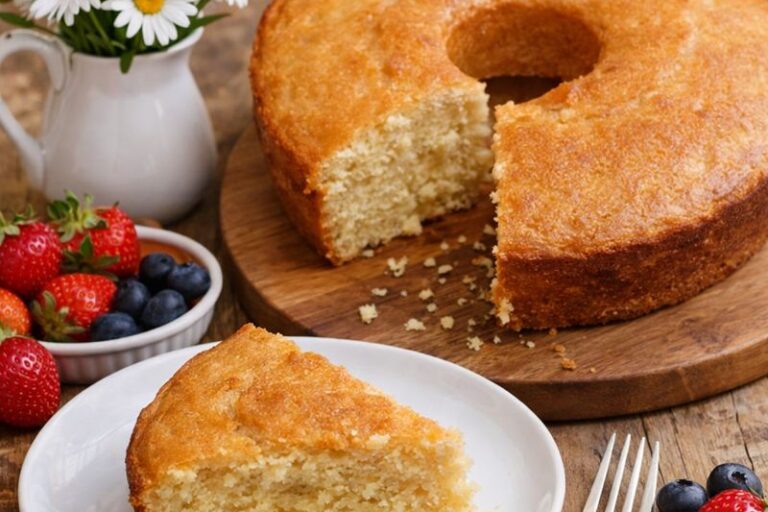 bolo de laranja em uma tábua redonda de madeira, com uma fatia faltando, ao lado um prato brnaco com uma fatia do bolo.