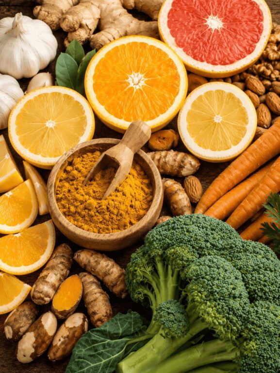 Frutas cítricas, gengibre, brócolis, cenoura, cúrcuma, alho, castanha e nozes