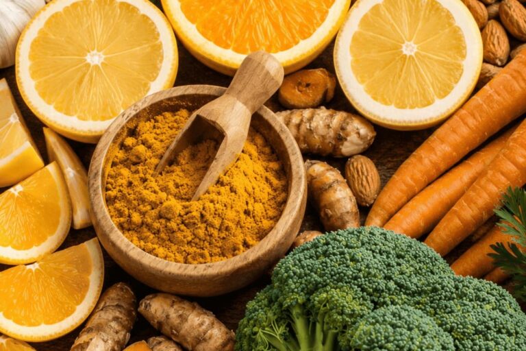 Frutas cítricas, gengibre, brócolis, cenoura, cúrcuma, alho, castanha e nozes
