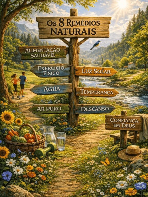 Um tronco de árvore contendo 8 placas indicando os 8 remédios naturais.