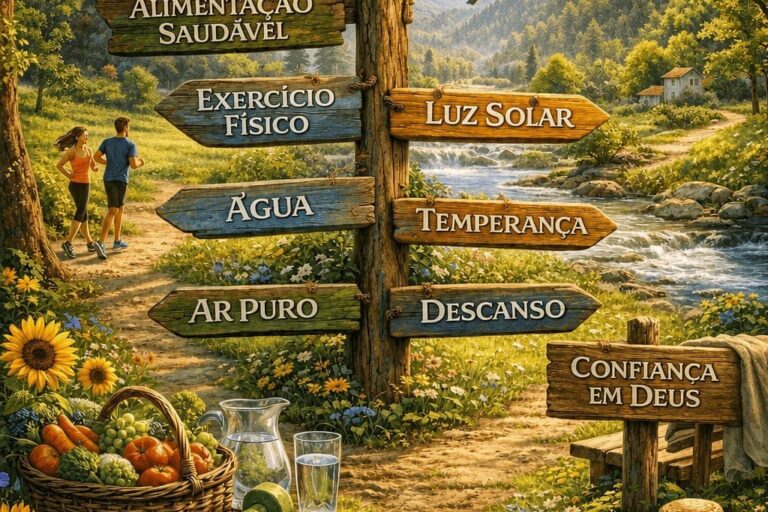 Um tronco de árvore contendo 8 placas indicando os 8 remédios naturais.