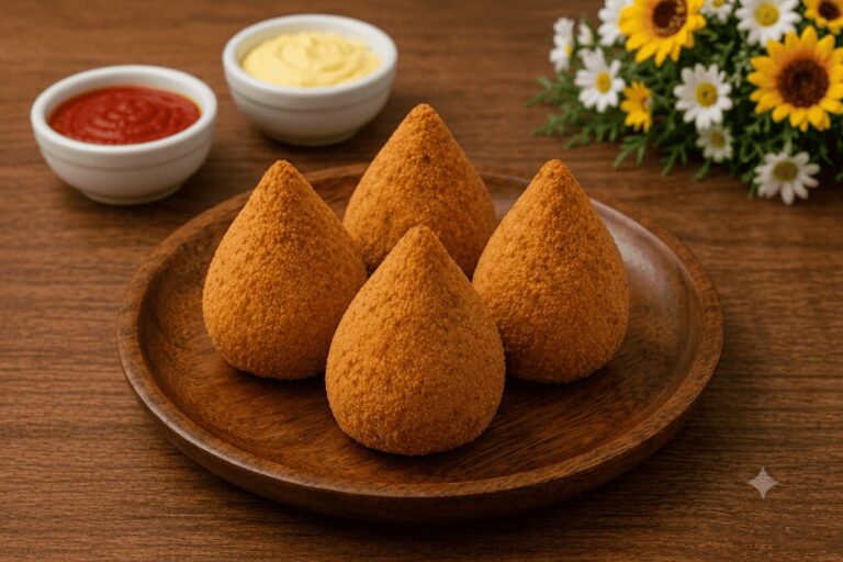 4 coxinhas em um prato de madeira, à volta um pote com maionese e outro com molho de tomate