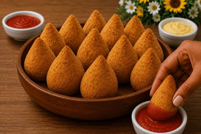 Uma cumbuca de madeira cheia de coxinha, ao lado um pote branco com molho de tomate e uma coxinha sendo mergulhada nesse molho.