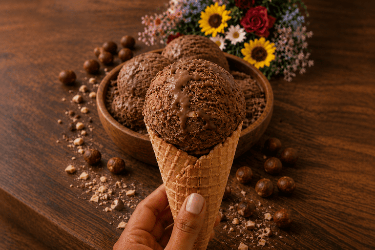 sorvete de avelã vegano na casquinha, avelãs em volta