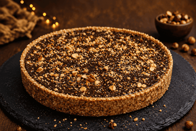 Torta de chocolate com avelã em cima de uma tábua de madeira escura, algumas migalhas de biscoito.