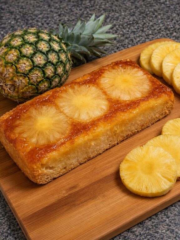 bolo de abacaxi com várias fatias de abacaxi ao lado