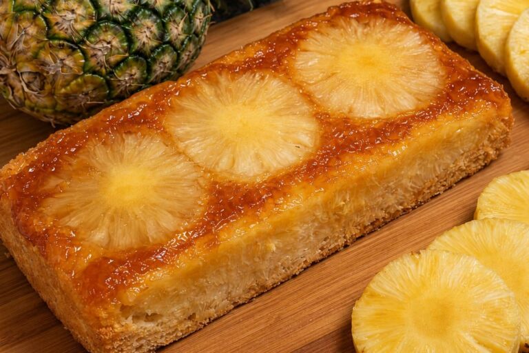 bolo de abacaxi com várias fatias de abacaxi ao lado