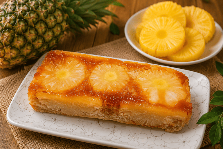Bolo de abacaxi retangular ao lado um prato com algumas rodelas de abacaxi. Ao fundo um abacaxi deitado.