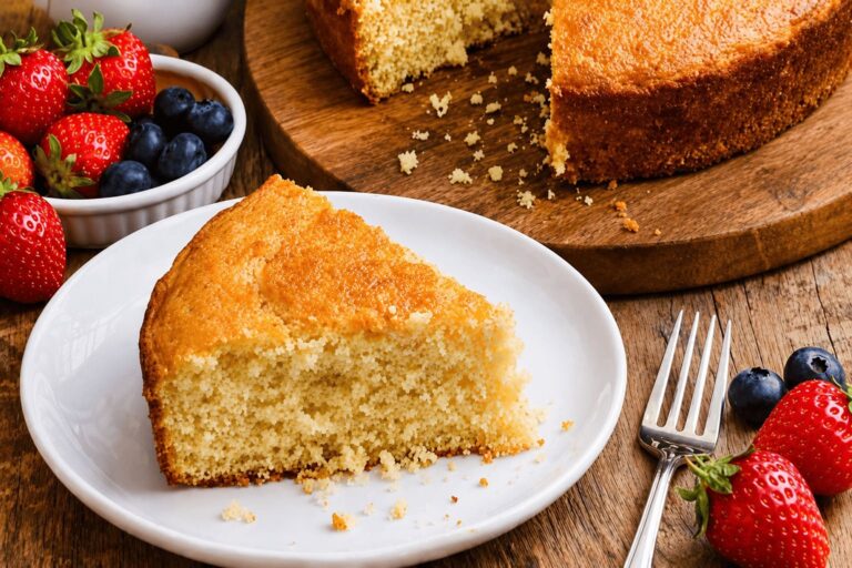 Fatia de Bolo de laranja em destaque, em volta morangos e mertilos.