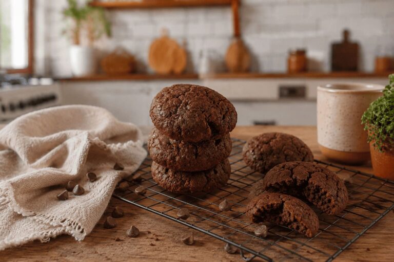 Cookie brownie espalhados sobre uma grade de descanso, algumas gotas de chocolate em volta.