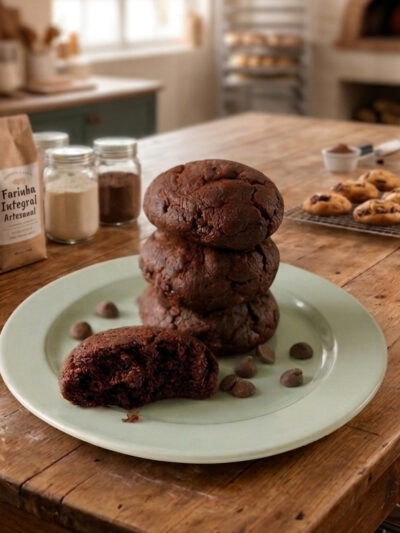 cookies empilhados, em volta gotas de chocolate, um cookie está mordido.