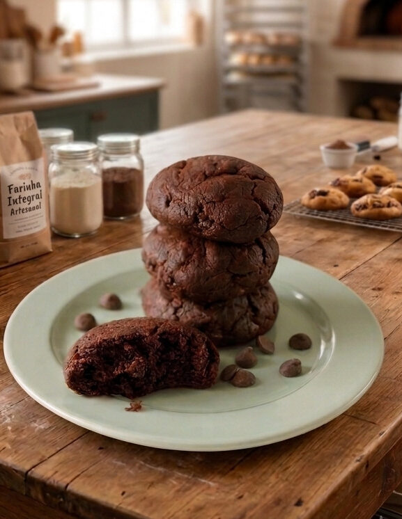 cookies empilhados, em volta gotas de chocolate, um cookie está mordido.