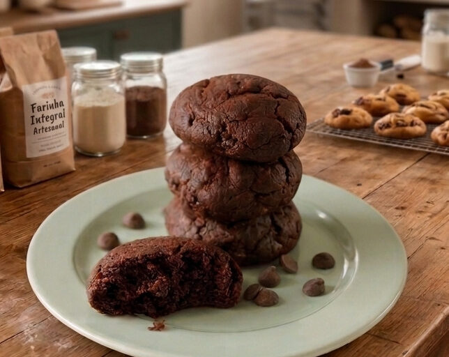 cookies empilhados, em volta gotas de chocolate, um cookie está mordido.