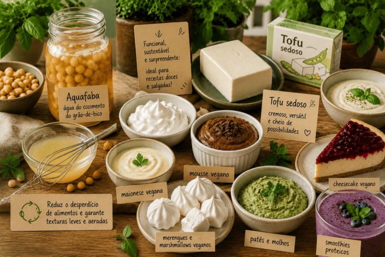 Grão-de-bico cozido, merengue, suspiro, fatia de torta, mousse de chocolate, tofu, creme roxo