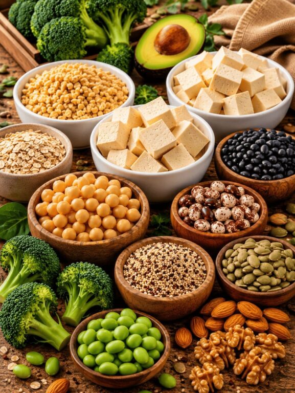 Vários potes com fonte de proteína vegetal: tofu, grão-de-bico, ervilha, feijão.