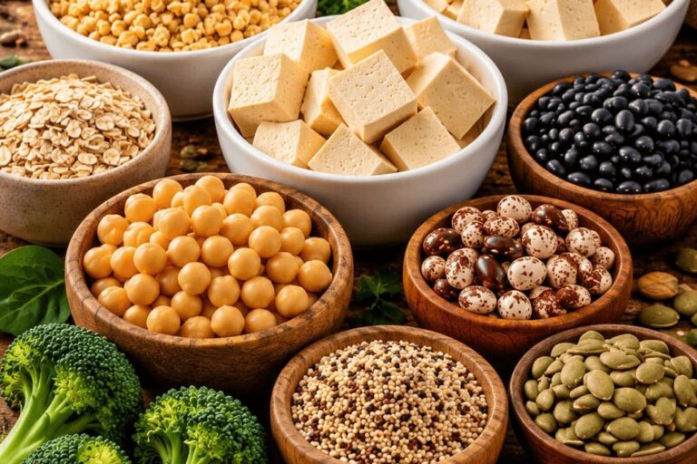 Vários potes com fonte de proteína vegetal: tofu, grão-de-bico, ervilha, feijão.