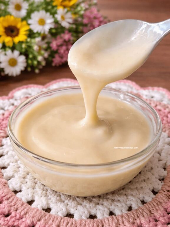 leite condensado vegano caindo da colher para dentro da cumbuca de vidro.
