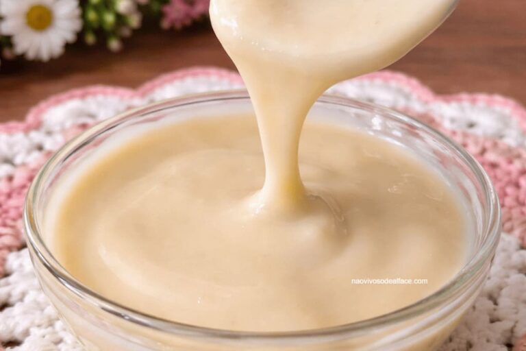 leite condensado vegano caindo da colher para dentro da cumbuca de vidro.