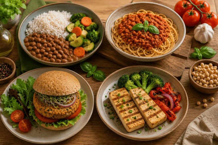 4 pratos. uma com feijão, arroz e salada verde. Outro com macarrão e molho de lentilha. Outro com hamburguer caseiro. Outro com tofu grelhado.