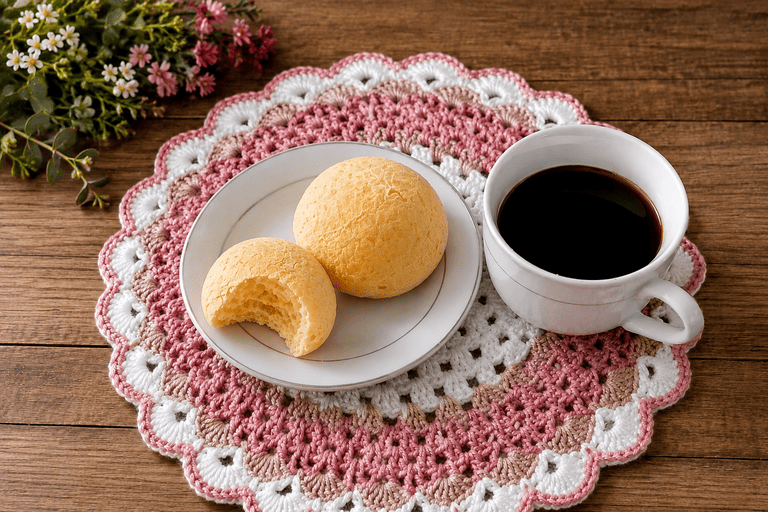 Pão de queijo, um inteiro e outro mordido e uma xícara de cevada.