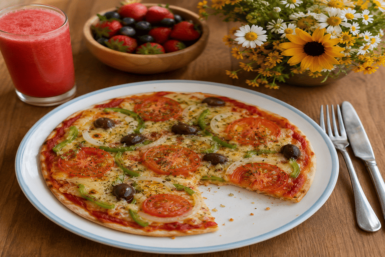 Pizza de frigideira no prato, está faltando um pedaço. Há tomate, cebola, pimentão, azeitonas pretas e orégano.