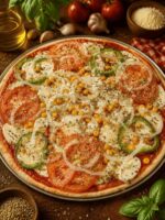 Pizza grande com molho de tomate, queijo cremoso, tomate, cebola, pimentão e orégano.