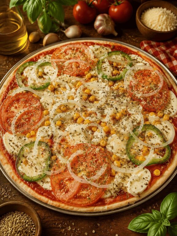 Pizza grande com molho de tomate, queijo cremoso, tomate, cebola, pimentão e orégano.