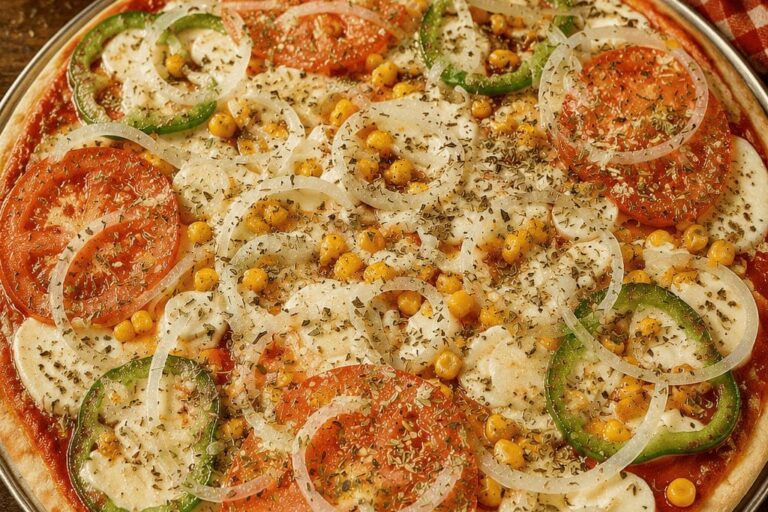 Pizza grande com molho de tomate, queijo cremoso, tomate, cebola, pimentão e orégano.