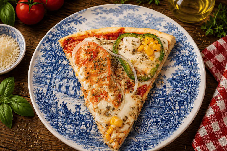 Fatia de Pizza vegana em uma prato com paisagem rupestre. Pizza com molho de tomate, queijo cremoso, tomate, cebola, pimentão e orégano.