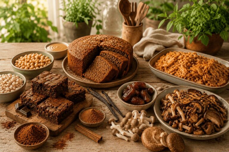 Bolo, brownie, cogumelos, grão-de-bico.