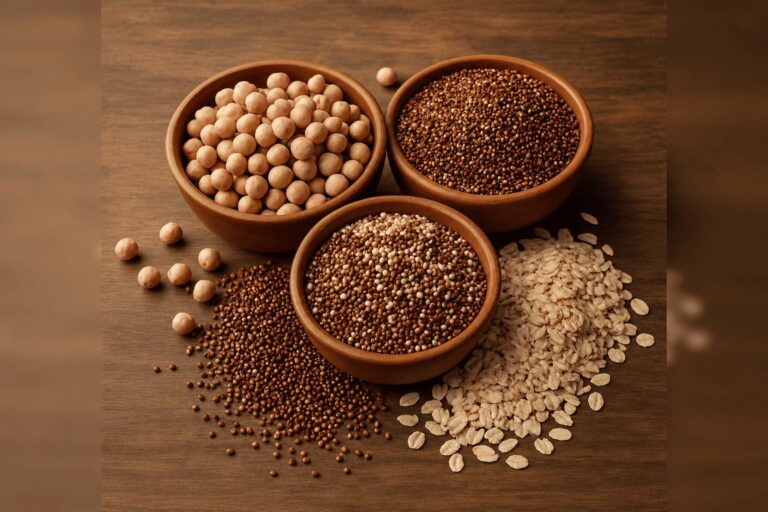 três cumbucas de madeira com grão-de-bico, quinoa escura, quinoa escura e clara. ao redor quinoa, aveia e grão-de-bico espalhados.