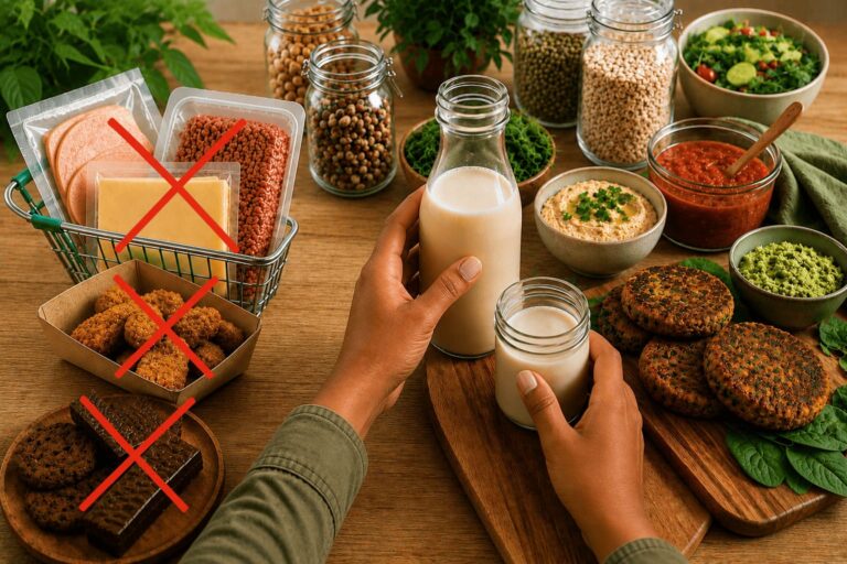alimentos separados em dois lados. Alimentos ruins: embutidos, fritura e doces. Alimentos bons: leite vegetal, grãos, hamburguer caseiro.