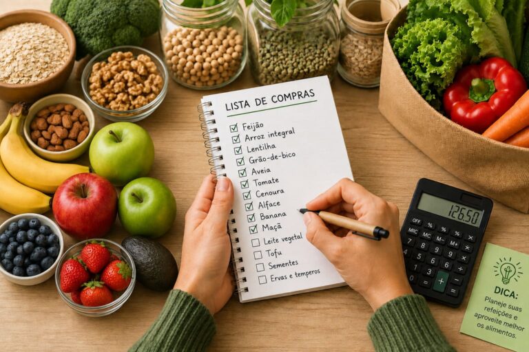 Duas mãos segurando um caderno e lápis, calculadora, frutas, legumes, grãos e sementes
