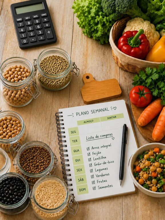 Sementes, grãos, calculadora, caderno e caneta, legumes