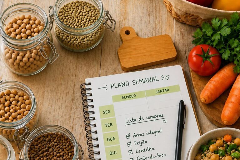 Sementes, grãos, calculadora, caderno e caneta, legumes