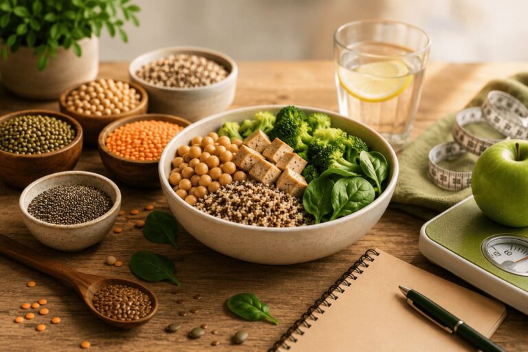 Lentilhas, grão-de-bico, tofu, brócolis, maçã verde.
