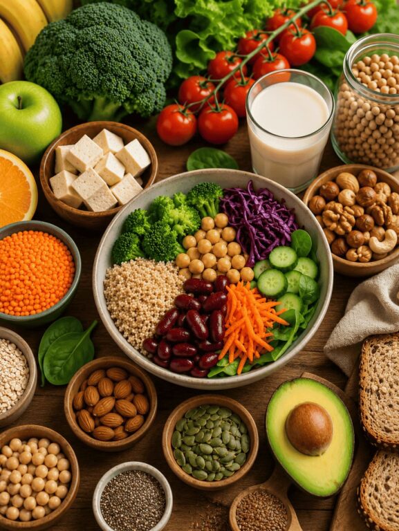 uma mesa com vários alimentos saudáveis. Brócolis, banana, maçã verde, tofu, sementes, tomatinho, abacate.