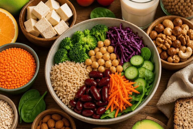 uma mesa com vários alimentos saudáveis. Brócolis, banana, maçã verde, tofu, sementes, tomatinho, abacate.