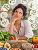 Ilustração de uma mulher refletindo sobre sinais de uma alimentação desequilibrada, com alimentos saudáveis e ícones representando cansaço, queda de cabelo, unhas fracas, baixa imunidade, alterações intestinais e outros sintomas.