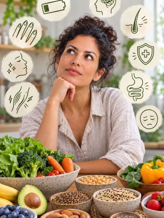 Ilustração de uma mulher refletindo sobre sinais de uma alimentação desequilibrada, com alimentos saudáveis e ícones representando cansaço, queda de cabelo, unhas fracas, baixa imunidade, alterações intestinais e outros sintomas.