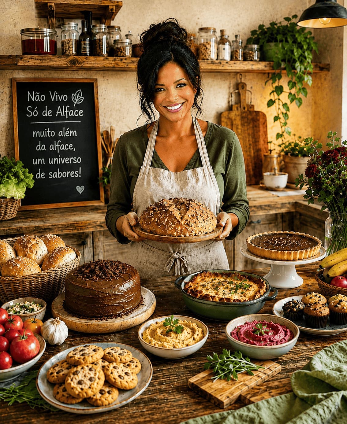 Ana Green segurando um pão diante de uma mesa com várias sobremesas