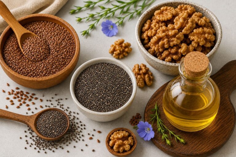 Principais fontes vegetais de ômega-3, incluindo linhaça, chia, nozes e óleo de linhaça, dispostas em uma composição com ingredientes naturais.