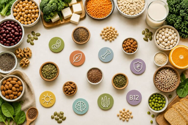 Composição com alimentos ricos nos principais nutrientes da alimentação vegana, incluindo leguminosas, tofu, folhas verdes, aveia, quinoa, sementes, castanhas, leite vegetal e frutas cítricas.