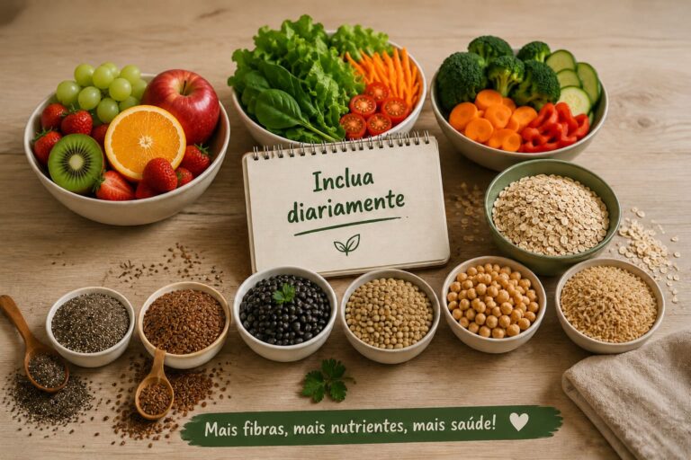 Alimentos ricos em fibras e nutrientes, incluindo frutas, verduras, legumes, aveia, sementes, feijão, lentilha, grão-de-bico e cereais integrais, organizados em uma composição saudável.