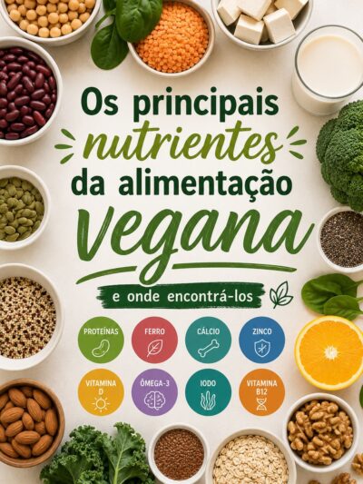 Alimentos ricos nos principais nutrientes da alimentação vegana, como proteínas vegetais, ferro, cálcio, ômega-3, zinco e vitamina B12, organizados sobre uma mesa com ingredientes naturais.