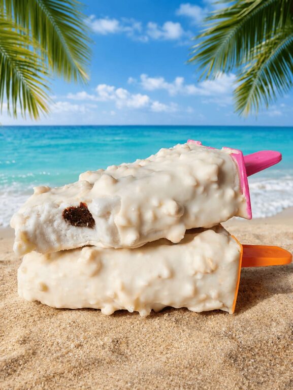 2 picolés empilhados, um está mordido e mostrando o recheio de chocolate. Ao fundo o mar. A paisagem é de praia.