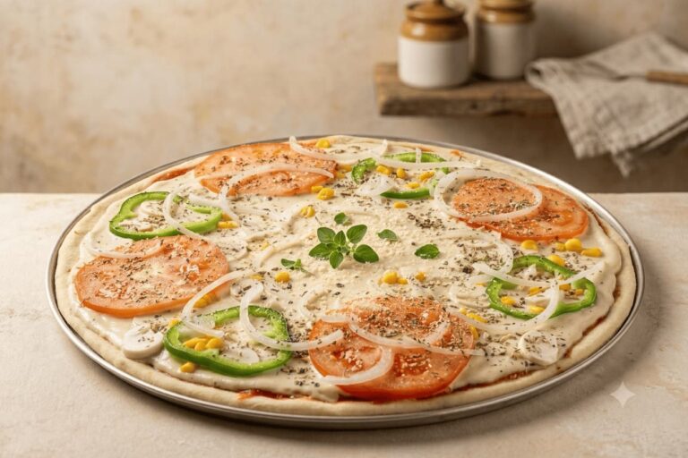 Pizza grande com queijo cremoso de castanha de caju, tomate, cebola, pimentão, palmito e orégano.