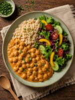 Strogonoff vegano de grão-de-bico servido com arroz integral e salada colorida.