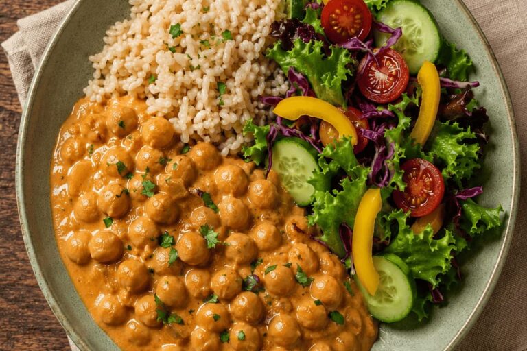 Strogonoff vegano de grão-de-bico servido com arroz integral e salada colorida.